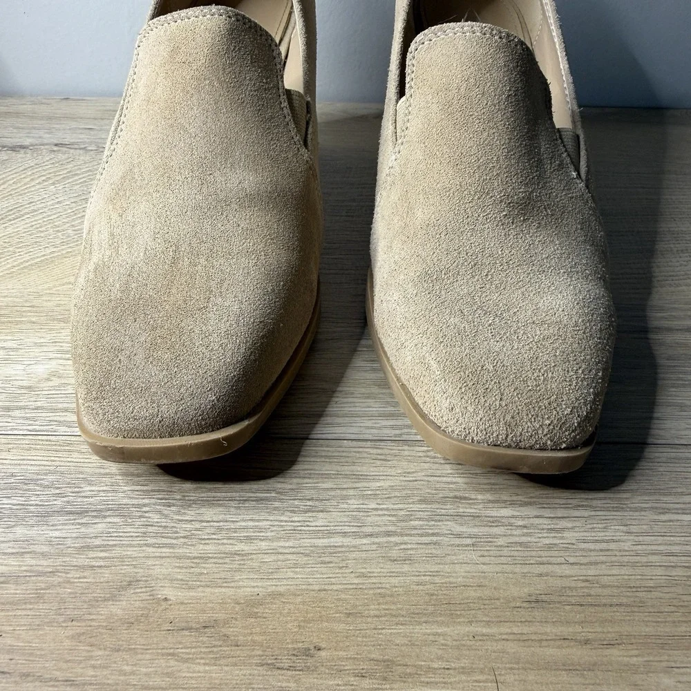 Joie Heeled Loafers Tan Suede Square Toe Block‎ Heel Slip On Mules 8.5 Career